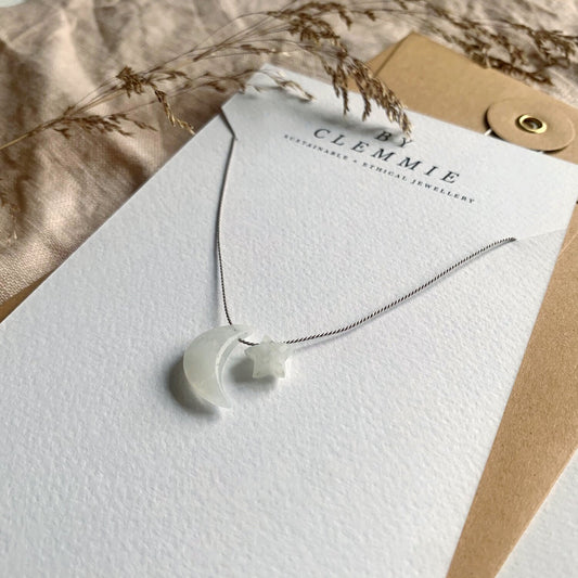 Crystal Charm Necklace | Moonstone Star+Moon